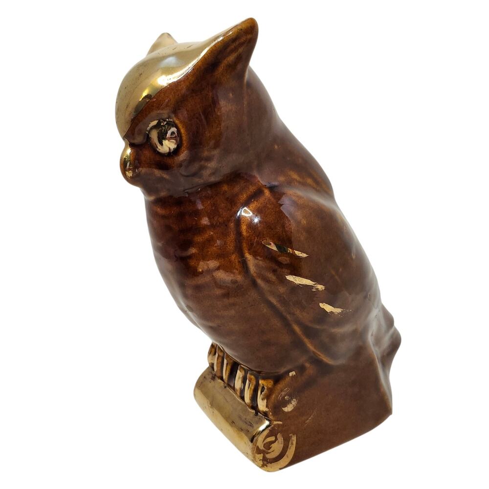 Vtg 1960's Owl Glazed Pottery Planter Decor Hand Painted Gold Accents MCM Retro